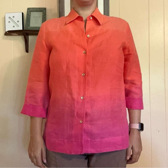Jones New York Large Linen Orange Pink Ombré 3/4 Sleeve Button Up Gold Baggy - Picture 1 of 7